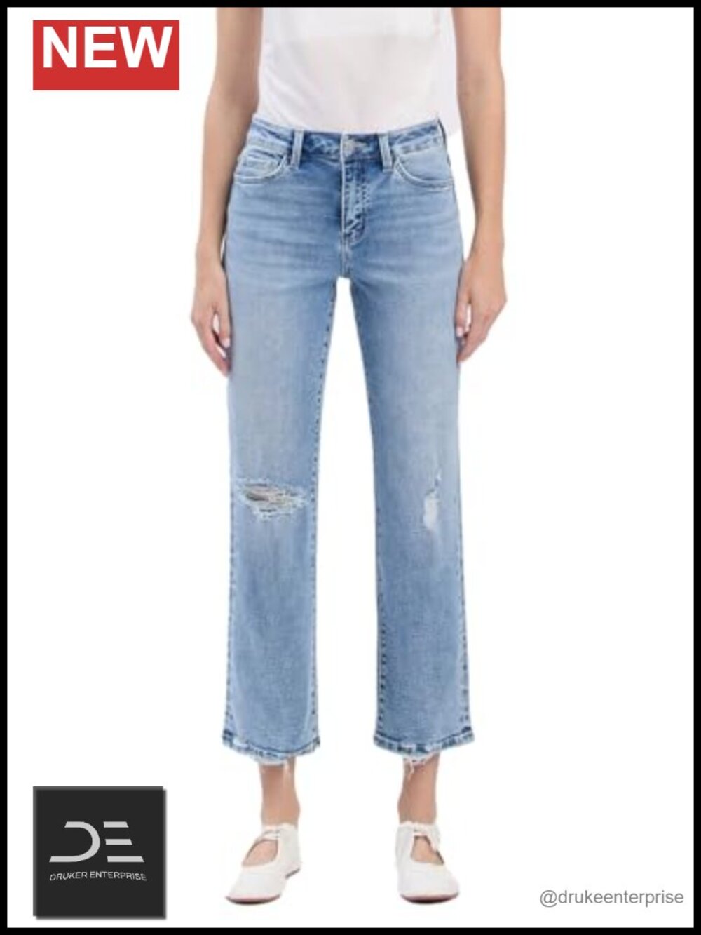 High Rise Ankle Straight Jeans in Distressed Stretch Denim